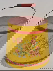 Early Wooden Bucket With Yellow and Red Paint