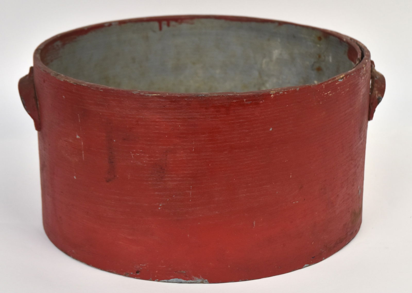 Early Wooden Measure With Red Paint: 2 metal handles. 7 3/4" H x 14 1/2"Dia.