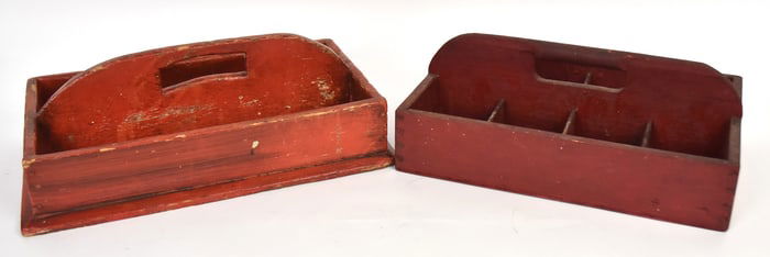 Two Early Wooden Carriers With Red Paint