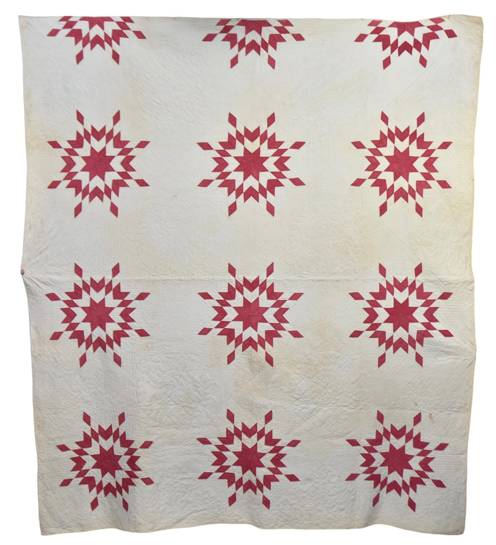 19th Century Red & White Star Quilt: Has nice quilting, several stains. 82 x 70".