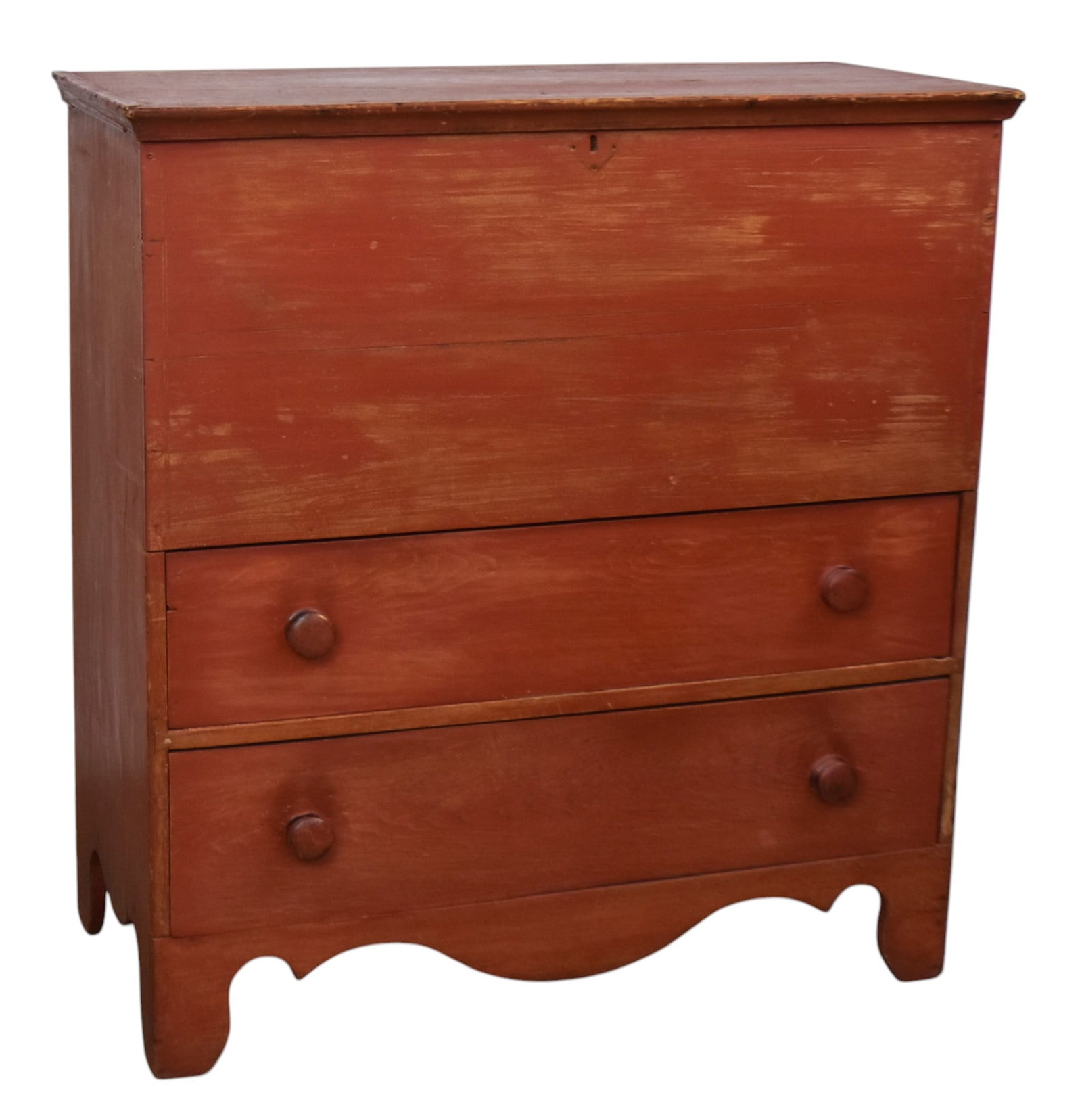 Two Drawer Lift Top Blanket Chest: 19th Century with cut-out apron. Some later red paint. 41 x39 x18".