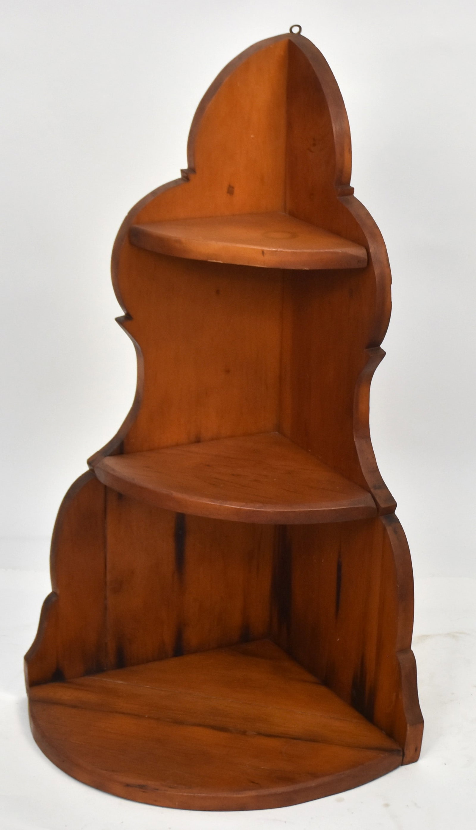 19th Century Corner Shelf: Square nail construction with 3 tiers and cut-out sides. 27 x 14 x 14"d.
