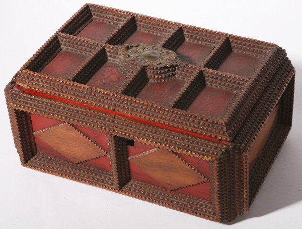 EARLY TRAMP ART BOX W/ORIG. RED PAINT: Small chip to edge of lid otherwise excellent condition. 5 1/2" h x 11 1/2" w x 8" d.