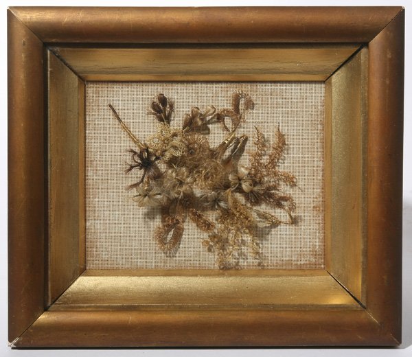 EARLY MOURNING HAIR PIECE W/FAMILY HISTORY: Mourning floral hair piece in shadow box frame with early drawing of family ownership. The list of 13 members including the names Harpel, Heaney, Klechner and Knecht. 10 1/2" x 9".