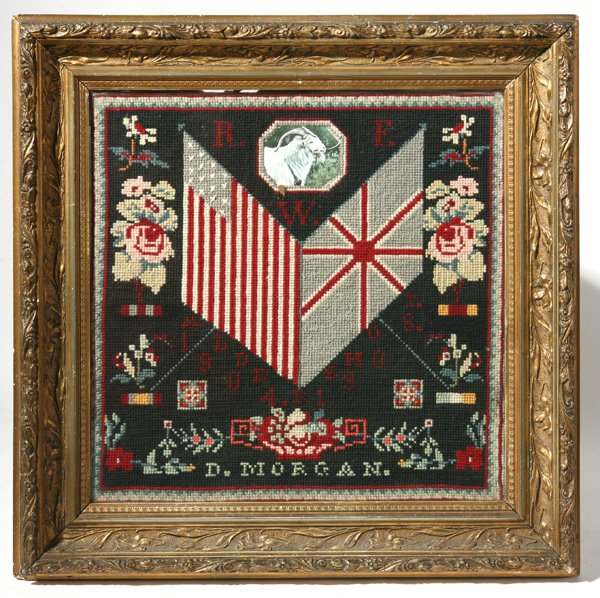 BRITISH/AMERICAN MILITARY NEEDLEPOINT: With U.S. and British flags, floral, and inscription, "Aldershot 1904-1906 D. Morgan", and photo of British Army mascot, a billy goat in army outfit. Aldershot is the traditional home of the British A