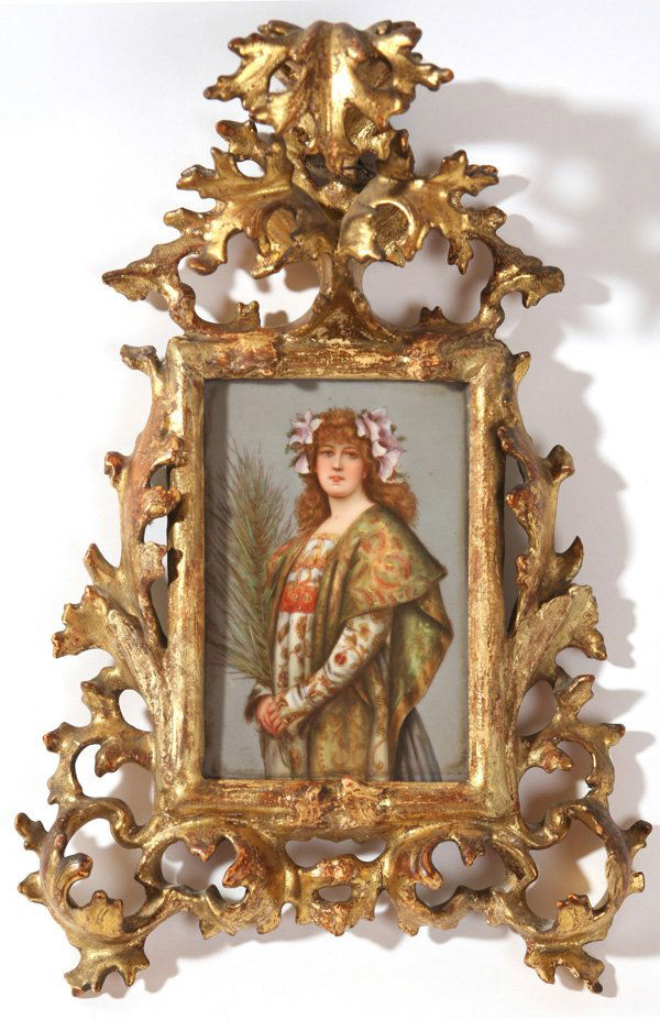 HAND PAINTED PORCELAIN PLAQUE OF SARAH BERNHARDT: 6 1/2" x 4 1/4" KPM quality porcelain plaque of actress Sarah Bernhardt. Marked "Made in German" and artist signed "Baume" after "Bernhardt" on verso. Set in ornate wood gold frame. 14" x 9 1/2" w. Al