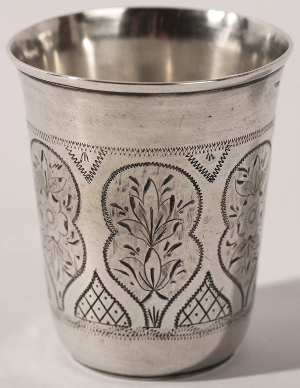 RUSSIAN SILVER BEAKER: With sytlized floral engraving, "Moscow" assay mark on base "1883" and maker's mark reading "N3" in script. Fine condition. 2 1/2" high. 1.60 Troy oz.