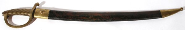 CIVIL WAR ERA NAVAL CUTLASS & SCABBARD: With single pieces cast brass hilt with knuckle bow and ribbed grip, steel rivet pommel, with single edged steel blade stamped on ricasso "CA". 28 3/4" long. In fitted leather scabbard with brass drag