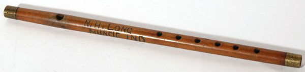 ID'D CIVIL WAR FIFE: Maple with original brass end caps with carved inscription reading, "Va's Long 1860 to N.H. Long Muncie, Ind. Williams Post 78 G.A.R.". 14 1/2" long with fine old polished patina. Nathan Hale Long gre