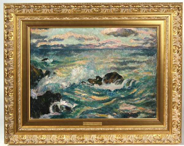 HAYLEY LEVER (NEW YORK/MASS.) OIL PAINTING: Hayley Lever (New York/Massachusetts, 1875-1958) 18 1/4" x 24" oil on board of impressionistic seascape . Signed in paint on verso "H.L." and inscribed "Sold to Julia O'Connor". Hayley Lever was known