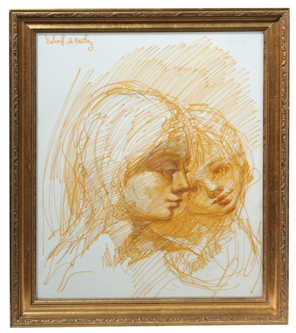 DULCE H. DE BEATRIZ (CUBAN/AMERICAN) COLORED DRAWI: Dulce H. de Beatriz (Cuban/American, 1931--) 17" x 14" colored drawing on thin paper between glass of mother and child. Signed in upper left, "Dulce H de Beatriz". Good condition.