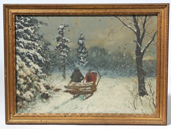 ANDREI AFANASIEVICH EGOROV (RUSSIAN) PAINTING: Andrei Afansievich Egorov/Jegorov (Russian, 1878-1954) 9 5/8" x 13 3/4" oil on board painting of winter landscape with horse and sleigh. Signed lower left, "A. Jegorov". Few small minor flakes,otherwi
