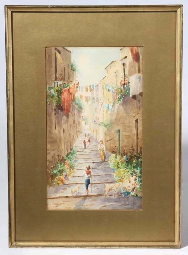 EARLY 20TH CENTURY SIGNED ITALIAN WATERCOLOR: Sight 12" x 7" watercolor on paper of Venetian street scene. Appears to be signed, "Gino" lower left. Good condition.