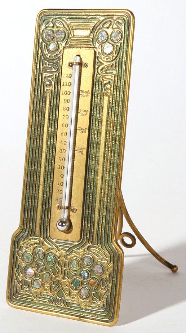 TIFFANY STUDIOS ABALONE BRONZE THERMOMETER: Rare example of the abalone pattern. Signed, "Tiffany Studios New York 1167". Fine condition. 9" x 3/3/4".