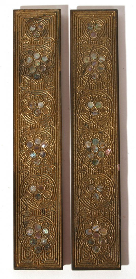 TIFFANY STUDIOS ABALONE BRONZE BLOTTER ENDS: Signed, "Tiffany Studios New York 1153". Some wear to patina. 12 1/4" x 2 1/4".