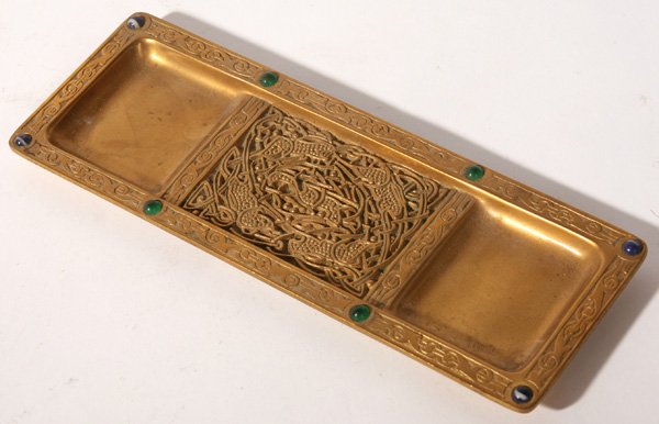 TIFFANY STUDIOS 9TH CENTURY BRONZE PIN TRAY: Signed, "Tiffany Studios New York 1626". Excellent condition. 9 1/2" x 3 1/2".