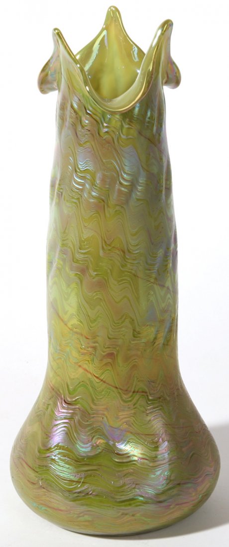 LOETZ TYPE ART GLASS VASE: With swirled iridescent glass in green and purple ground pontil base and tri-fold top. Circa 1910. One small minute minute flake on the rim, otherwsie fine condition. 14 3/4" h.