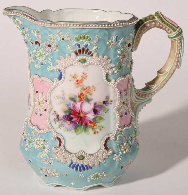 NIPPON MORIAGE & ENAMELED PITCHER: Lovely work with eight panels. Signed on base. Excellent condition. 6" h.