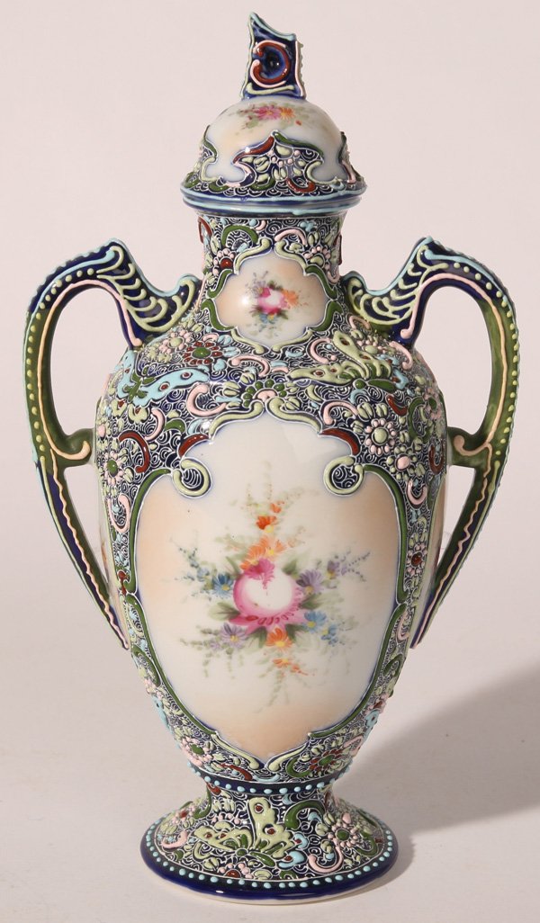 NIPPON HEAVY ENAMELED LIDDED URN: Great floral enamel work with jewels and six hand painted floral panels. Excellent condition. 9 3/4" h.