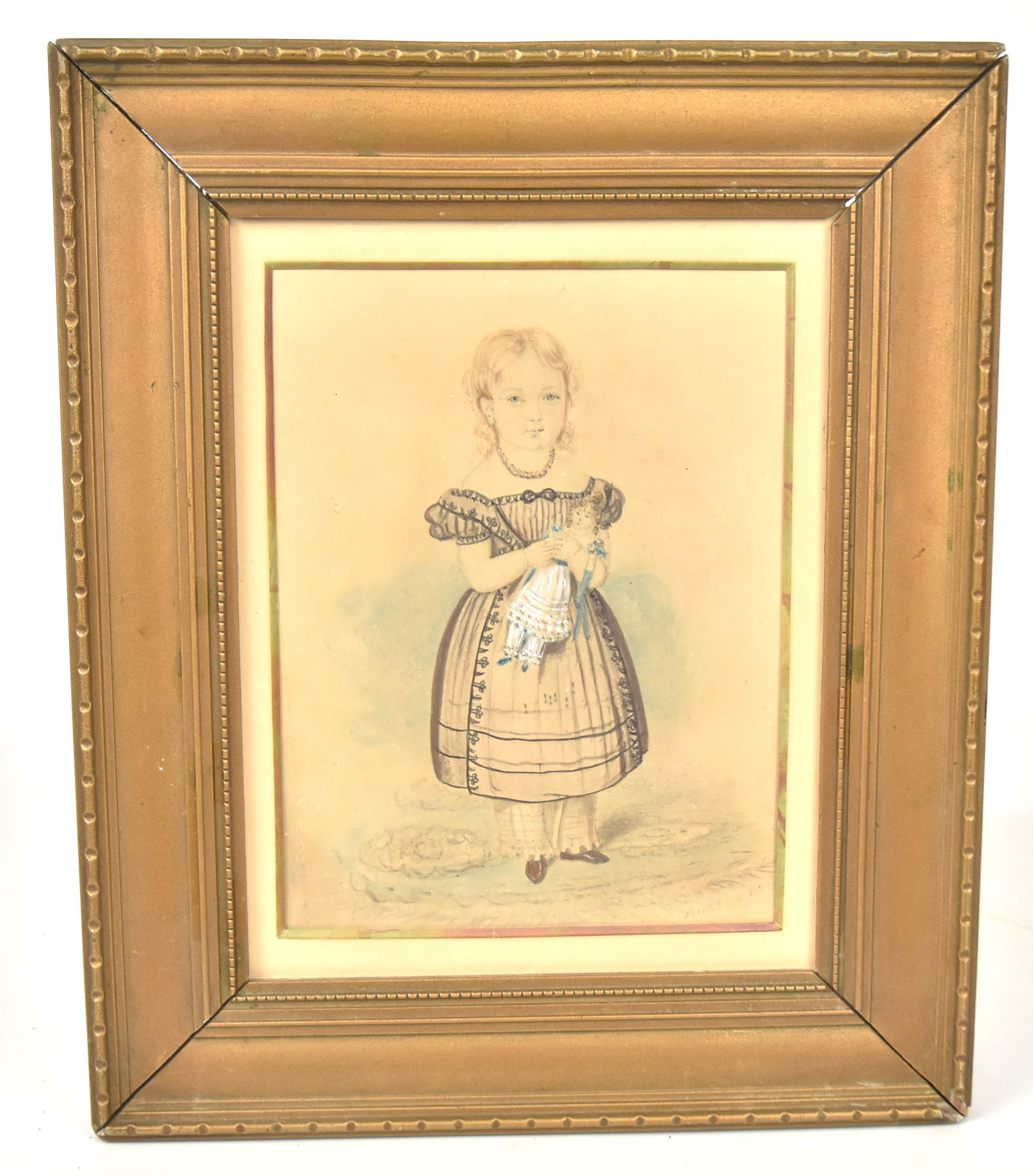 Early Watercolor of Young Girl Holding Doll (1 of 4)