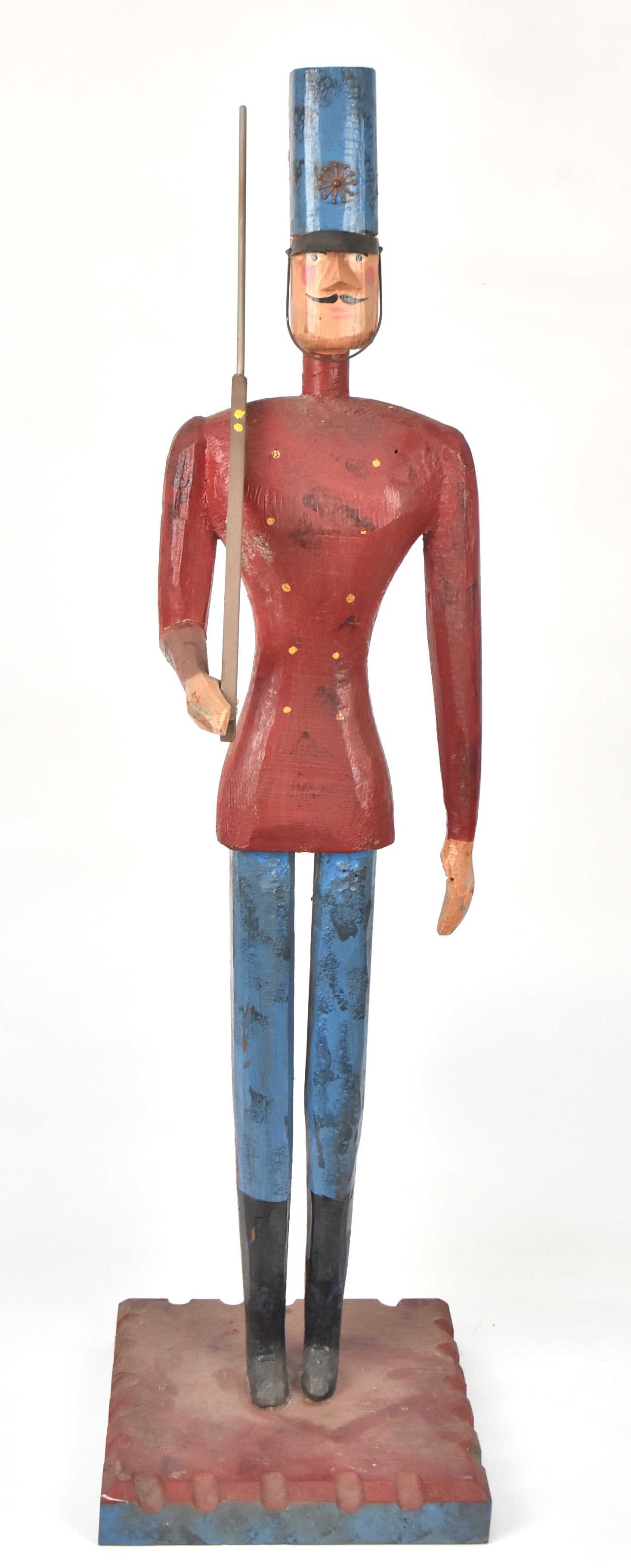 Rare Curtis Jere Wood Carved Folk Art Soldier: Folk art painted with metal gun barel and cap visor Signed, "C. Jere," and dated "1982." 34" H x 9" x 9 14". Good condition.