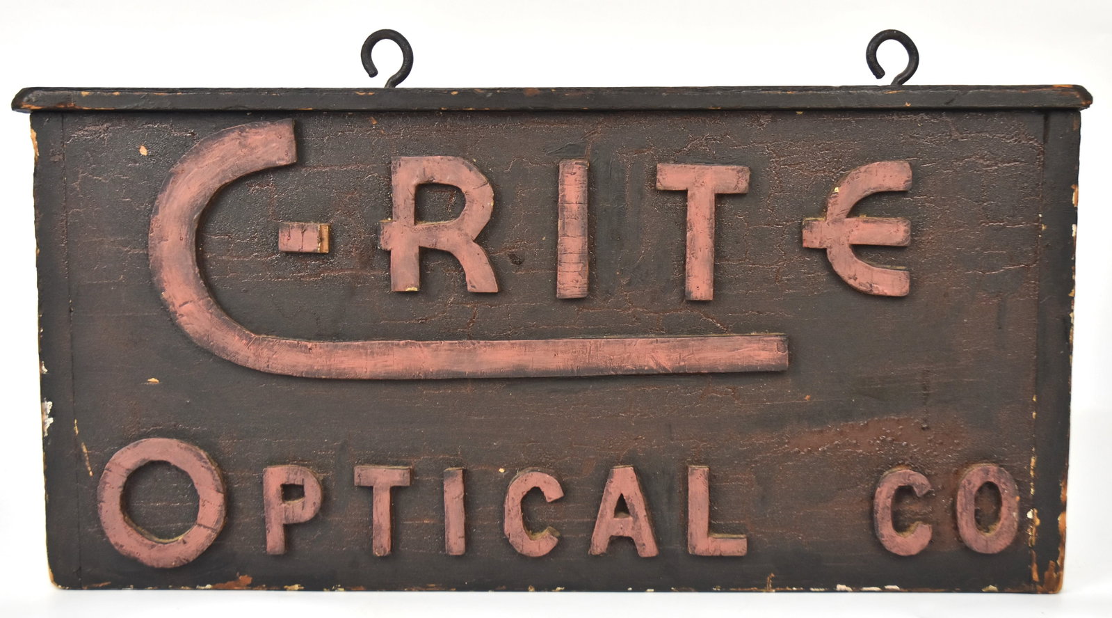Early Wooden C-Rite Optical Sign : Double sided with raised letters with old red paint. 13 "H x 25"W x Good condition.