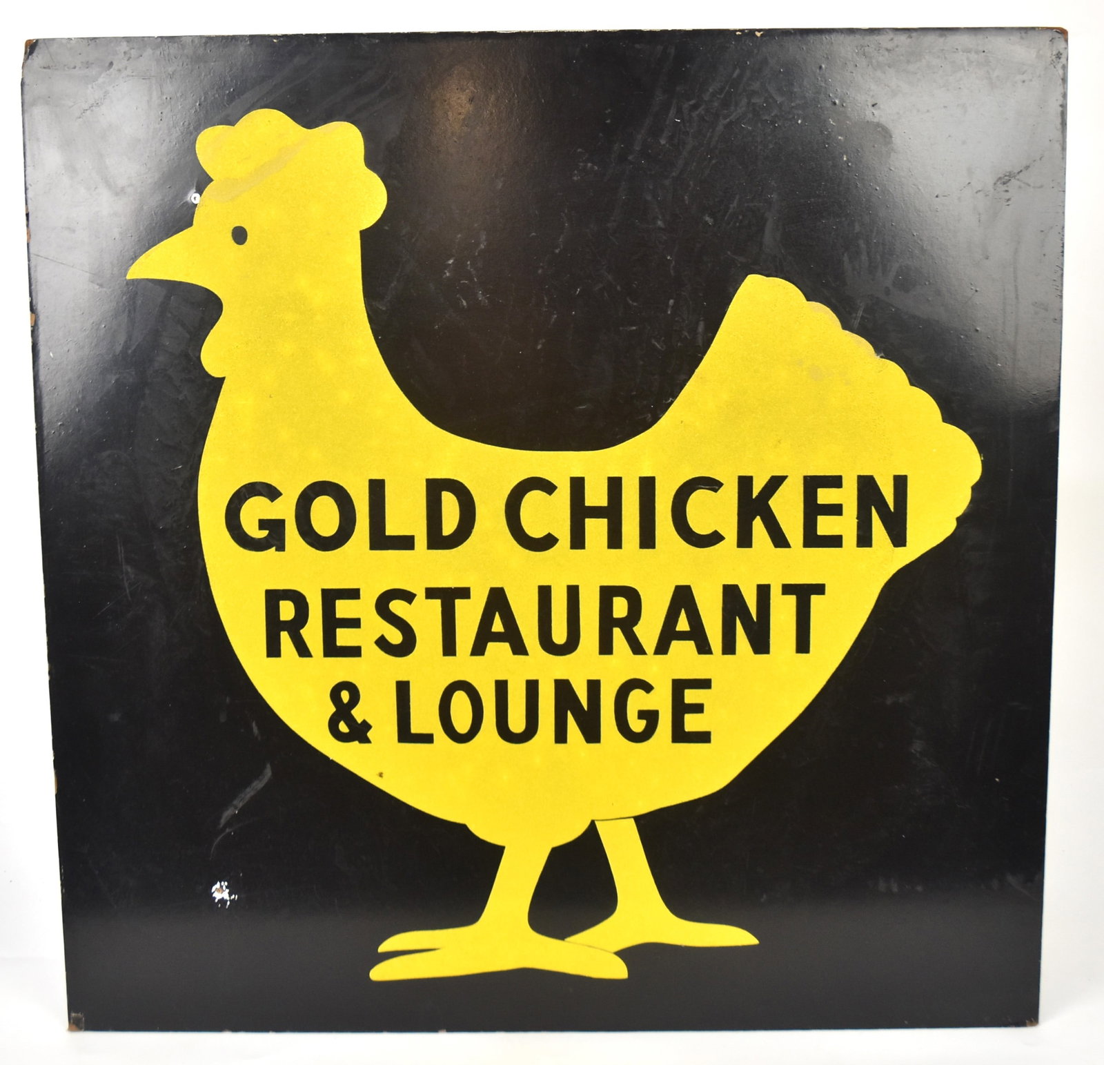 Gold Chicken Restaurant and Lounge Sign: Black background with yellow sand finish chicken. Double sided on Masonite. 24"H x 24". Good condition.