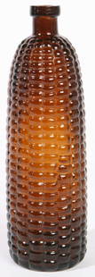 AMBER EAR OF CORN BITTERS BOTTLE: Unmarked, circa 1870, in rich amber color. Very samll chip to lip. 9 1/2" h.