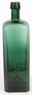 OLIVE GREEN PINE TREE TAR CORDIAL BOTTLE: Embossed as above and "Phila" with embossed pine tree and "Patent 1859" on other side. Fine condition. 9 1/2".