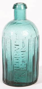 DEEP AQUA JEWETT'S HEALTH RESTORATIVE BOTTLE: Also embossed "Or Vegetable Syrup" with the S and R in syrup backwards. Snapped pontil and fire polished blob top. Fine condition. 7 1/2" high.