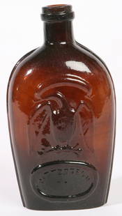 DEEP AMBER PITTSBURG, PA. EAGLE FLASK: With eagle on each side. Fine condition. 7 1/2" h.