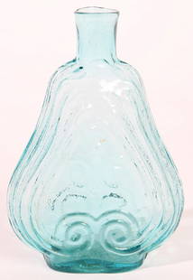 AQUA SCROLL FLASK: With snapped pontil and fire polished lip. Fine condition. 7" h.