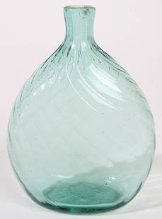 AQUA SWIRLED RIB CHESTNUT FLASK: With 18-ribs, fire polished lip and pontil. Slight chip at lip. 6 1/4" h.