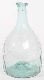 AQUA SWIRLED RIB BOTTLE: With 19-ribs, applied blob top and snapped pontil. Fine condition. 8" h.