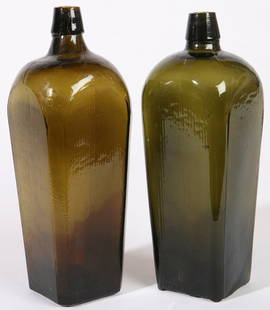 TWO OLIVE GREEN GIN BOTTLES: Coffin shaped with canted corners. 11" & 10 3/4" h. with tiny vertical ribs. Fine condition.