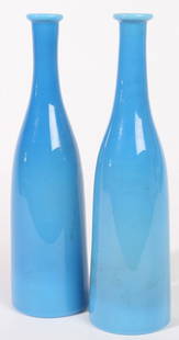 PR. OF EARLY BLUE CLAMBROTH BOTTLES: 19th Century with pontils. Fine condition. 12" h.