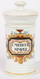 FRENCH PORCELAIN APOTHECARY JAR: Polychrome decoration reads, "U. Mercur Simple Marked Mchun France" on base. Wear to gold, otherwise fine condition. 10" high.