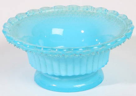 EARLY BLUE SANDWICH GLASS SALT: Good condition. 1 1/2" h. x 3 1/4" diameter.