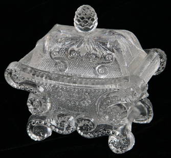 EARLY SANDWICH LACY GLASS LIDDED SALT: Two small on inner lip of salt and three chips to lid. 3 1/4" h. x 3 1/4" w.