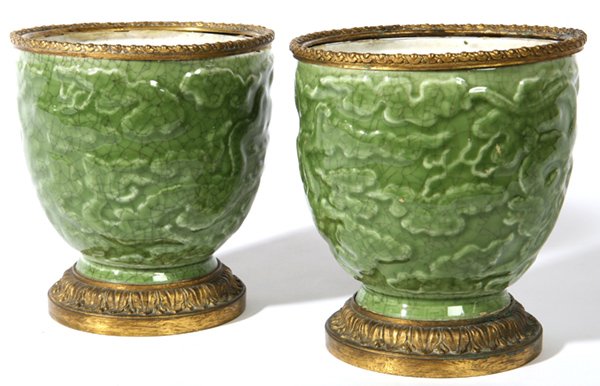 PR. SAMPSON CHINESE CELADON VASES: Porcelain with bronze ormolu mounts. The body of each decorated with relief clouds. "Chinese Sampson" mark on base of each. Fine condition. 6 1/2" diameter x 7"h.