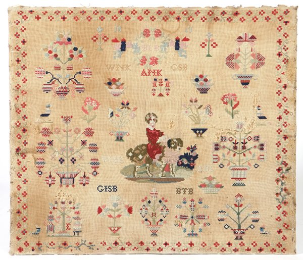 VERY LARGE 1842 NEEDLEWORK SAMPLER: Dated "1841" at top and also includes large young girl on back of dog. Also includes several large urns of flowers, baskets of fruit, figures, etc. Several area of loss. 26" x 28 1/2".