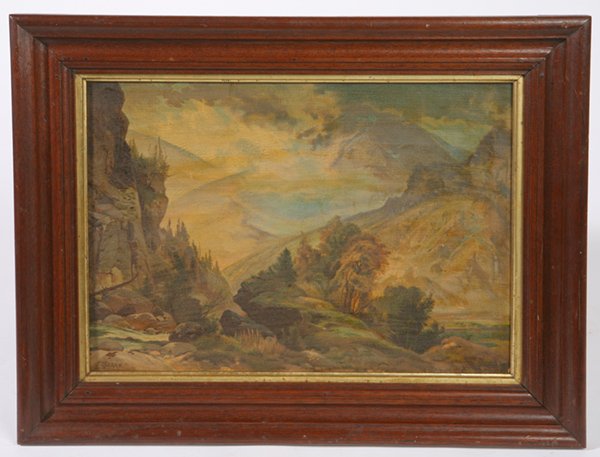 THOMAS MORAN ALDINE CHROMOLITHOGRAPH: 11 1/2" X 15 1/2", Thomas Moran chromolithograph titled "The White Mountains" on paper board. Signed "Moran" lower left. "Aldine Chromo for 1874" label on verso. Original walnut frame. Good condition.