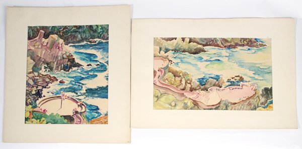 TWO HAZEL C. EWELL (IL) WATERCOLOR PAINTINGS: Hazel Crow Ewell (Illinois, 1888-1972) 20" x 15" watercolor of sea cliffs. Signed lower right. Plus one 20" x 15" watercolor of sea cliffs. Signed lower right. Good condition.