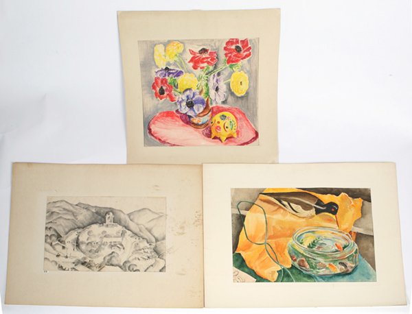 THREE HAZEL C. EWELL (IL) WATERCOLOR PAINTINGS: Hazel Crow Ewell (Illinois, 1888-1972), 15" x 20" watercolor of fish bowl. Signed lower right. Plus, one 14" x 17" still life watercolor. Signed lower left. Plus, one 12" x 18" pencil drawing titled "