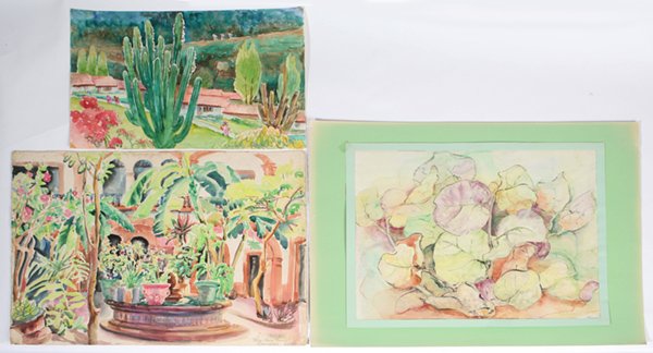 THREE HAZEL C. EWELL (IL) WATERCOLOR PAINTINGS: Hazel Crow Ewell (Illinois, 1888-1972) 19" x 25" watercolor of garden courtyard. Monogrammed lower right. Plus, 17" x 22" watercolor of foliage. Signed lower right. Plus, one 14" x 20" watercolor of S