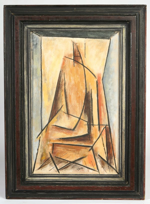 JAMES YOKO, DAYTON, OHIO CUBIST PAINTING: Oil on board, signed "Yoko" lower center. Probably 1940's. One of his earlier works. Institute tags on frame. Fine condition. Sight, 25 1/2" x 15 1/2".