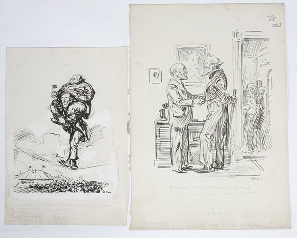 OSCAR EDWARD CESARE POLITICAL ILLUSTRATION ART: Two pieces of ink on board includes Woodrow Wilson with Uncle Sam and Wilson with W.J. Bryan. Oscar Edward Cesare (1886-1948) political cartoonist during WWI. He has many pieces published in various p