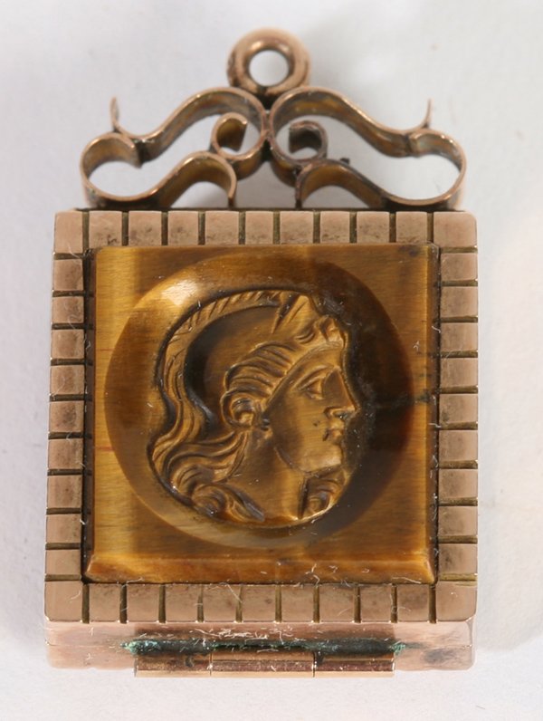 GOLD VICTORIAN FOB/LOCKET: With sardonyx stone and cats eye cameo. Total weight is 5.6 Dwt. unmarked tested 10k gold.