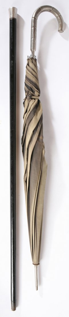 STERLING DICK BARNETT BOXING CANE & UMBRELLA: Circa, 1890-1900, with marked sterling 1 1/2" knob handle, mounted on tapered ebony shaft with 1" horn ferrule, 36" long, and an umbrella presented to "Richard K. Barnett, Biltmore Hotel, Dayton, Ohio