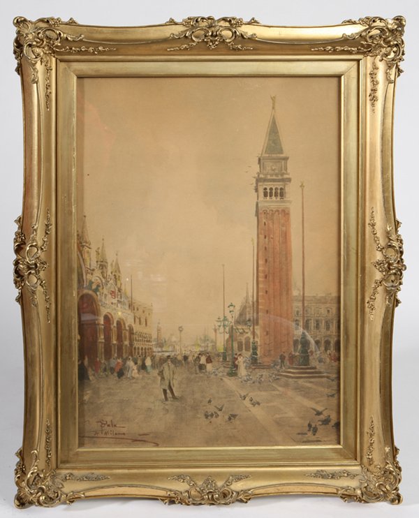 PAOLO SALA (ITALY) WATERCOLOR PAINTING: Paolo Sala (Italy, 1859-1924), 19" x 13" watercolor. Signed "P. Sala" and "Milano" lower left. Sala's initial focus was on historical and romantic subjects. His works blend both soft and brilliant col